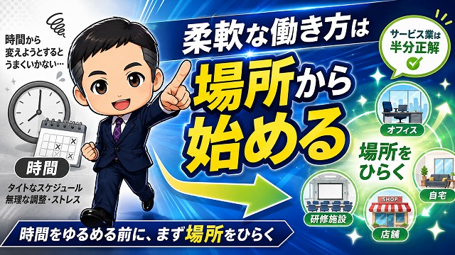 柔軟な働き方は、時間ではなく場所から手をつけてください。